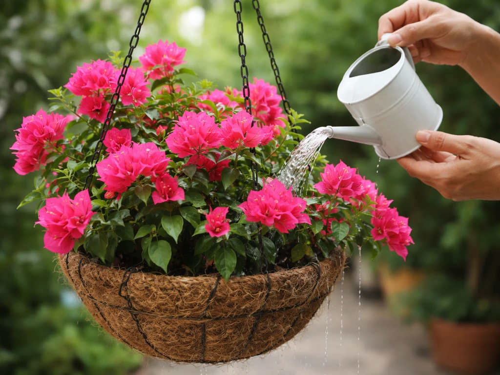 Gardener watering a blooming bougainvillea hanging basket with flowering fertilizer in natural light.