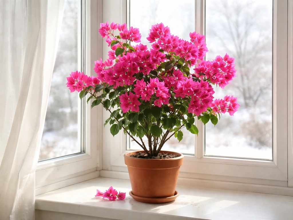 Bougainvillea in a terracotta pot by a bright south-facing window during winter indoors.