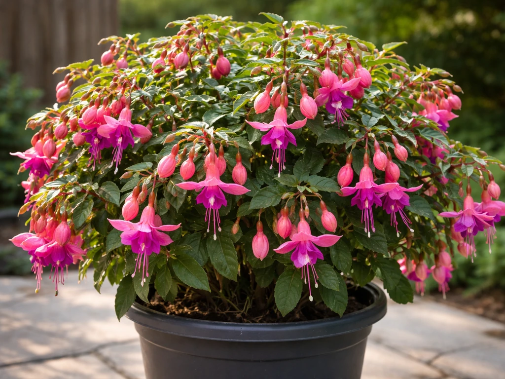 Vibrant hybrid fuchsia in bloom in a patio container with lush trailing foliage.