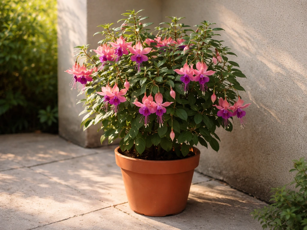 A potted hybrid fuchsia in a bright morning sun spot with afternoon shade from a patio corner
