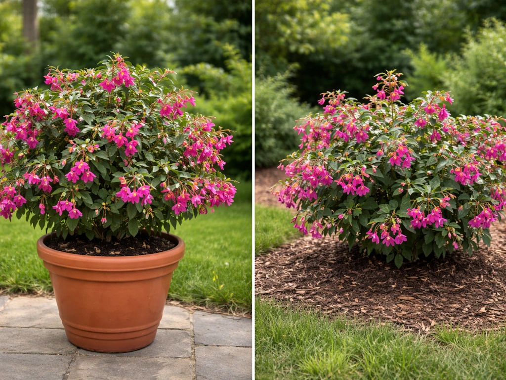 Side-by-side fuchsia in a terracotta container and the same plant planted in the ground outdoors.