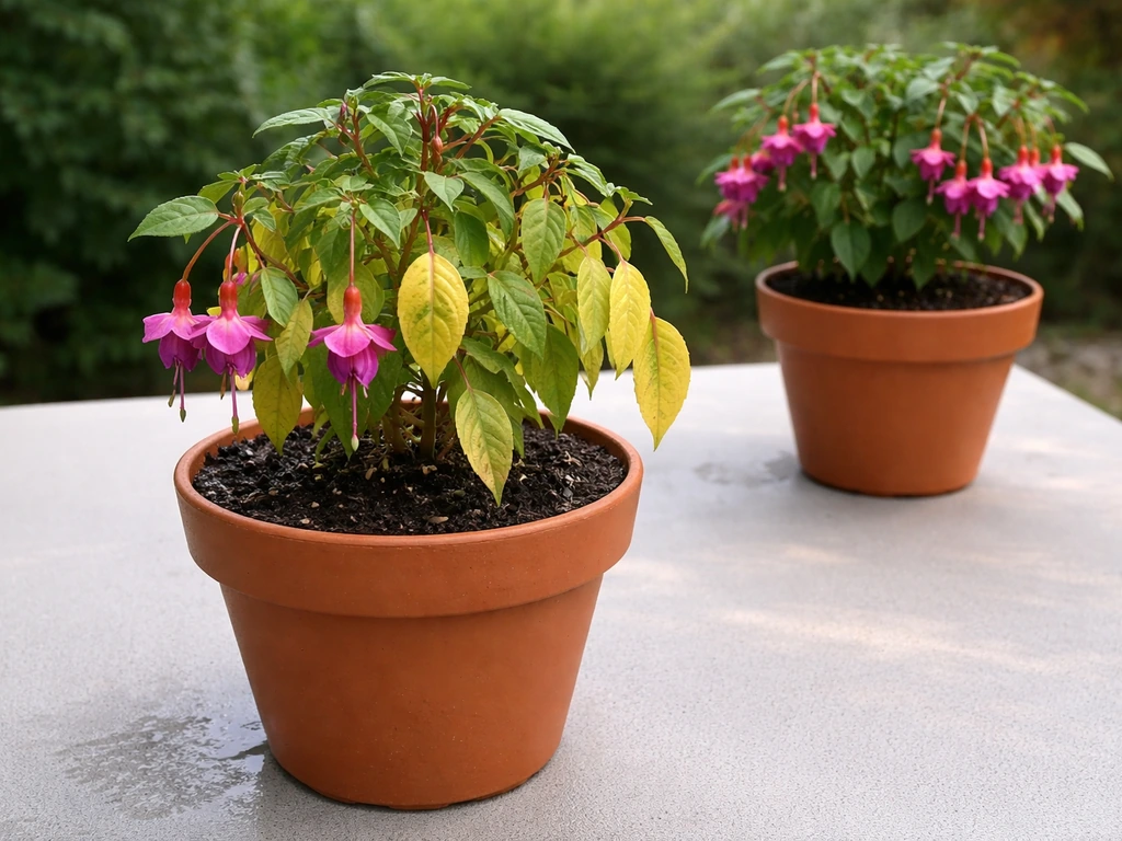 Two potted fuchsias side by side: one with yellow drooping leaves, one healthy with deep green foliage.