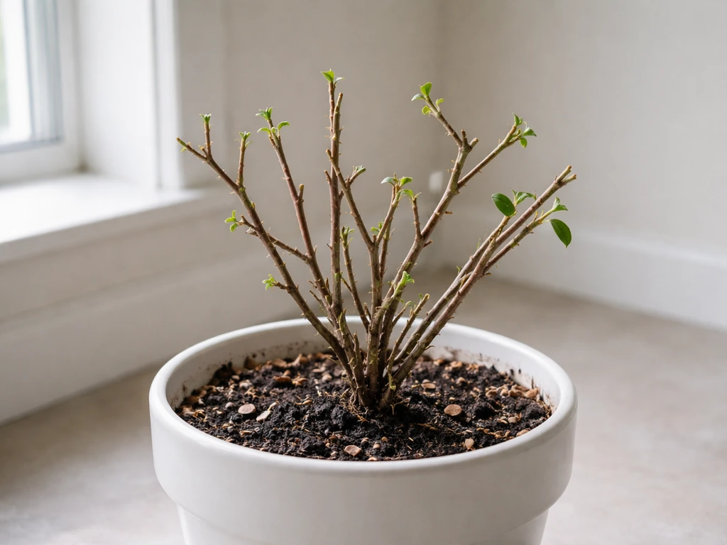 Hybrid fuchsia in a cool bright room, cut back and resting indoors near a window.